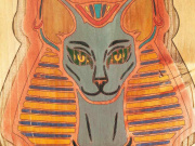3. Dřevěný obraz, motiv Staroegyptská bohyně Bastet